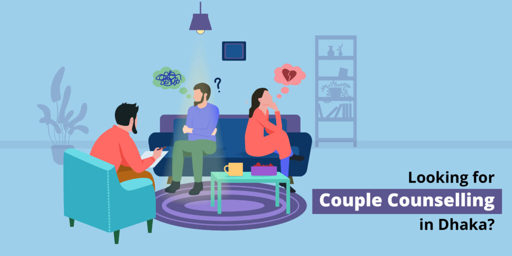 Flat vector illustration of a Couple counselling in Dhaka Male and female sitting on a sofa discussing troubles with psychotherapist