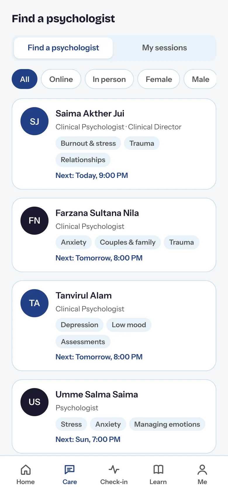 Chum workplace app: find a psychologist with filters and next available times