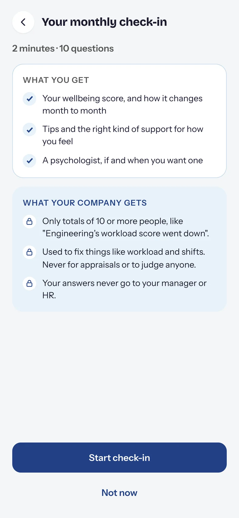 Chum workplace app: monthly check-in and what the company sees, only anonymised totals