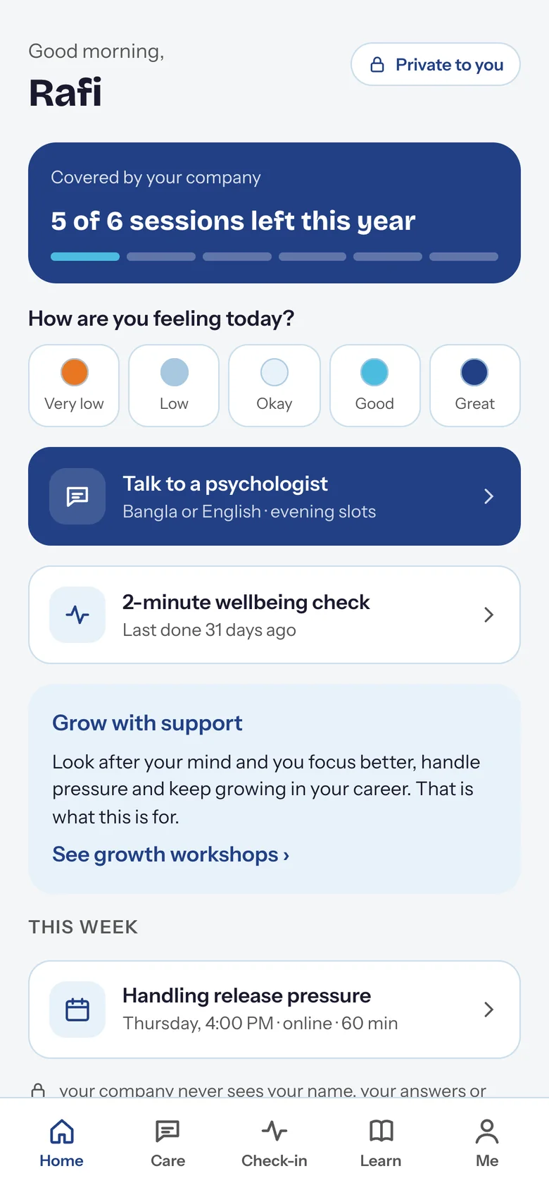 Chum workplace app home: sessions covered by your company, mood check and talk to a psychologist